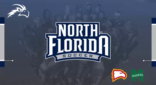 Women's soccer preview image featuring team huddle in the background and logos for Winthrop and Manhattan