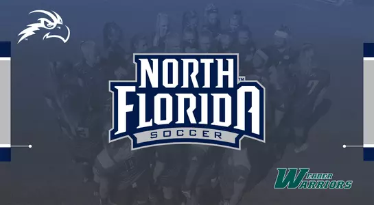 Preview graphic featuring team huddle along with UNF Soccer and Webber International logos