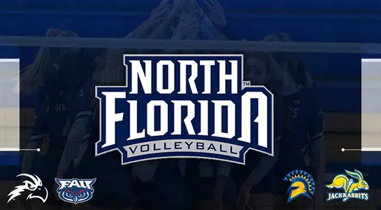 Image with navy overlay, covering logos of an Osprey head, Florida Atlantic Owl, San Jose State Spartan, South Dakota State Jackrabbit and the North Florida Volleyball specific logo