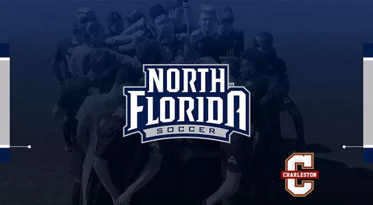 MSOC Preview with blue layer over team huddle with UNF soccer logo in center and college or charleston logo in bottom right corner