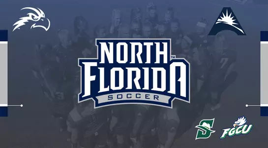 Preview graphic featuring team huddle along with UNF Soccer, FGCU, Stetson and ASUN logos