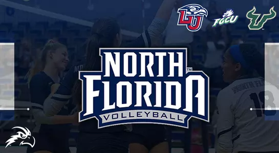 North Florida Volleyball preview graphic featuring a blue overlay in front of a team celebration that includes a North Florida Osprey head, North Florida volleyball logo and logos from Liberty, FGCU and USF
