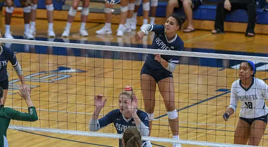Gabby O'Connell leads for an attack attempt at the net as Asante Lopez looks on.