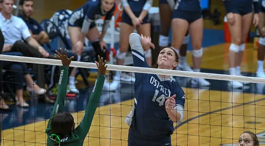 Alana Shoff leaps at the net and connects on an attack attempt against USC Upstate