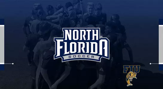 FIU Preview with blue layer on team huddle, UNF soccer logo in middle with FIU logo in bottom right