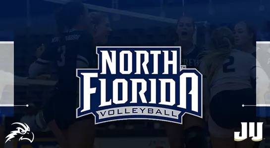 Graphic with a dark blue overlay over a huddle of UNF volleyball players. A UNF Osprey head logo is located in the lower left corner with the UNF volleyball logo in the center and a JU logo in the lower right.