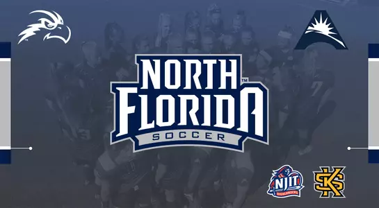 Women's soccer preview image featuring team huddle in the background and logos for NJIT and Kennesaw State