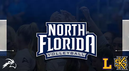 Rectangular graphic with a blue overlay. Includes an Osprey head, Lipscomb "L" and Kennesaw State "KS", and North Florida Volleyball logo over a team huddle.