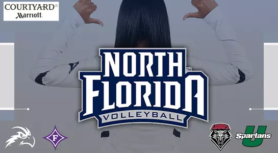 Logos of North Florida, Furman, New Mexico and USC Upstate accompanied by a sponsor Courtyard Marriott logo surrounding a North Florida player pointing at the North Florida volleyball logo.