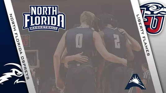 Basketball preview graphic for game versus Liberty featuring logos for North Florida and Liberty along with background photo of team huddle on the floor