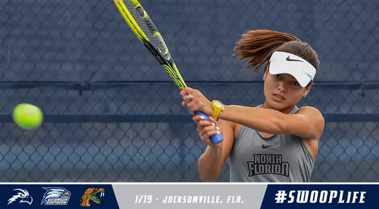 Action shot of Lucia Montano with a lower blue and white bar.