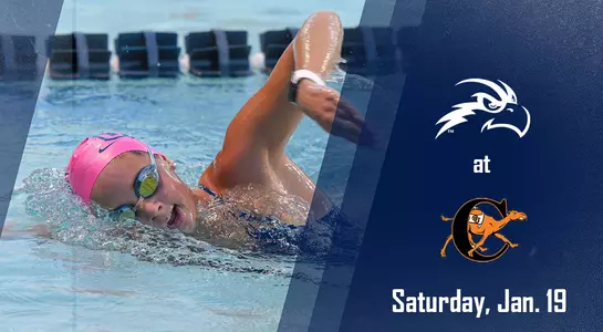 Grunge blue graphic featuring Cammryn Greenleaf swimming with a pink cap.