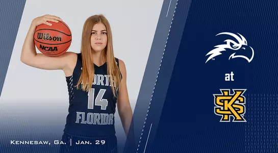 Preview graphic with Elli Bartley holding a basketball between two blue areas and logos of Kennesaw State and UNF.