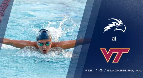 Action shot of a swimmer doing backstroke in between two areas of blue and logos of a UNF Osprey head and Virginia Tech.