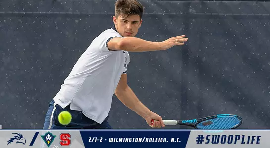 Action shot of Joe Ellis about to hit a forehand in the rain with a blue and gray bar in the lower part of the screen containing NC State and UNC Wilmington logos and text.