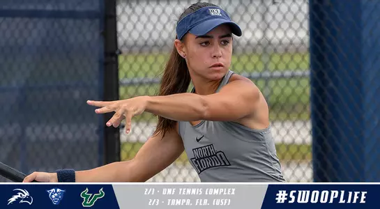Action shot of Ana Paula Melilo about to hit a forehand above a blue and gray rectangle containing dates, logos and locations for the upcoming matches on the weekend.