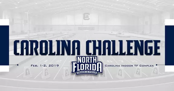 Track preview graphic for Carolina Challenge with a background image of Carolina Indoor Track Complex and UNF logo