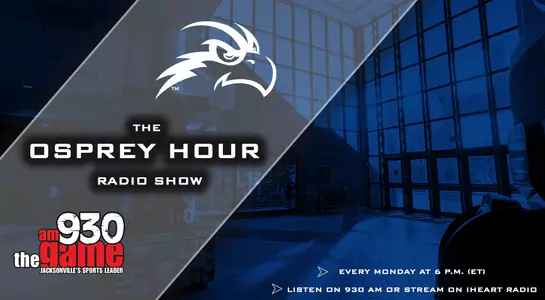 Blue gradient map over the entrance to the UNF Arena. Includes an Osprey White Head logo and the 930am The Game logo over a light gray rectangle.