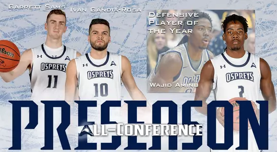 Graphic announcing basketball preseason honors featuring head shots of Garrett Sams, Ivan Gandia-Rosa and Wajid Aminu