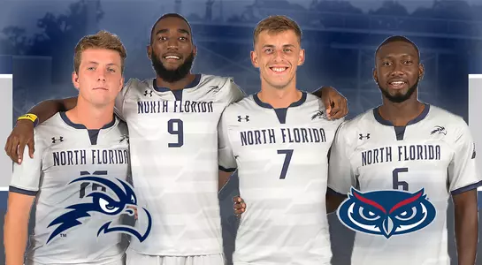 Men's soccer seniors highlight a graphic with the Osprey head and the FAU Logo