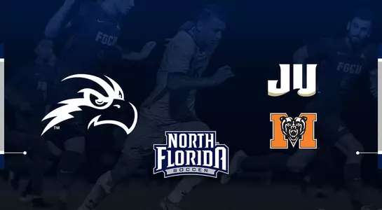 Men's soccer travels to Mercer and Jacksonville - the graphic features the bird head, JU logo and Mercer logo