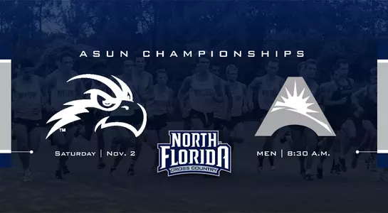 men's cross country ASUN Championship preview graphic with the osprey head and ASUN logo, saturday, november 2nd, men's race at 8:30 a.m.