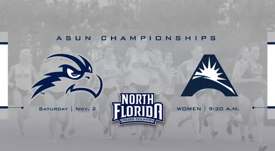 women's cross country ASUN championship preview graphic, osprey head logo, ASUN logo, saturday nov. 2, women's race 9:30 a.m.