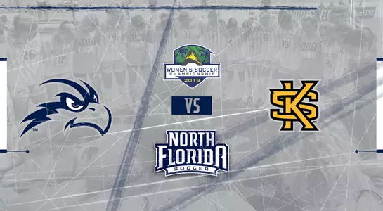 Preview graphic for women's soccer match versus Kennesaw State in the ASUN Tournament featuring North Florida soccer logo, Kennesaw State logo, ASUN Tournament logo and team huddle in background