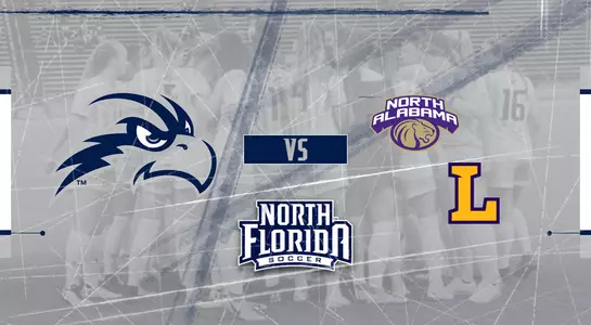 Preview graphic for women's soccer games vs North Alabama and Lipscomb featuring logos of North Alabama, Lipscomb and North Florida and background image of team huddle
