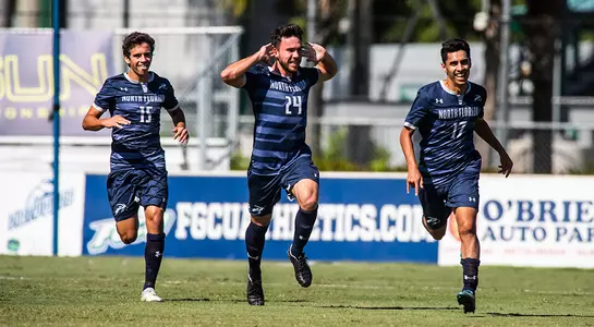 Miguel DeLeon scores in the ASUN Semifinals and celebrates with his team.