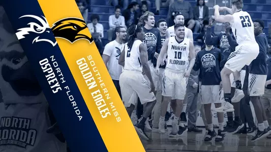 Preview graphic for men's basketball game versus Southern Mississippi featuring North Florida and Southern Miss logos and team huddle in background