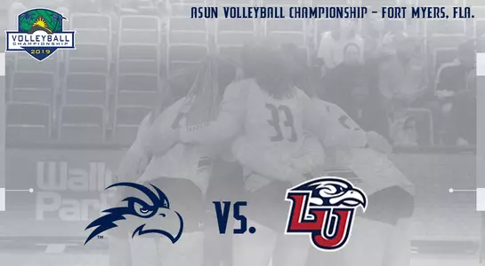 vb preview graphic for the asun championship featuring logos and text over a gray overlay