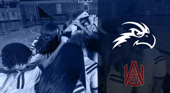 Women's basketball huddles - graphic previews the Alabama A&M Game with their logo.