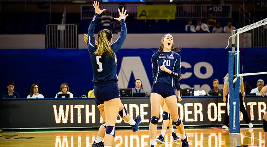 Maddie Boyd and Julianna Askew celebrate a point in the ASUN quarterfinals