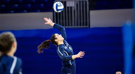 Miriam Stingl jumps up to spike the ball.