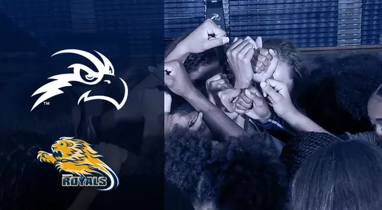 Women's basketball hosts Warner - the graphic has a picture of the huddle with two logos.