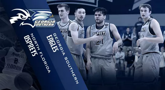 Preview graphic for men's basketball game versus Georgia Southern featuring North Florida and Georgia Southern logos and team huddle in background