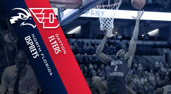 Preview graphic for men's basketball game at Dayton featuring North Florida and Dayton logos and Wajid Aminu tipping a basketball in the background