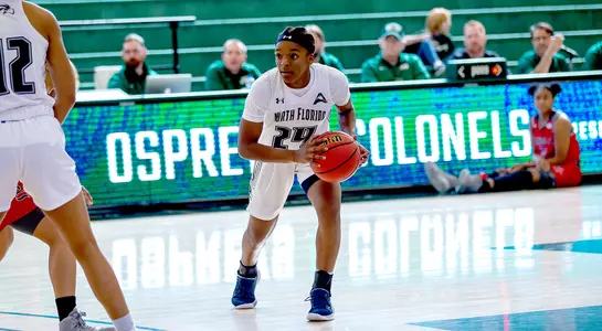 Janesha Green gets ready to pass the basketball against Nicholls.