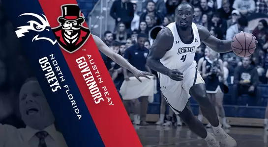 Preview graphic for men's basketball game at Austin Peay featuring North Florida and Austin Peay logos and Ezekiel Balogun dribbling a basketball in the background