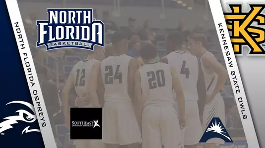 Basketball preview graphic featuring logos for North Florida and Kennesaw State along with background photo of a team huddle on the court. In addition the logos for the ASUN and game sponsor Southeast Orthopedic appear on graphic
