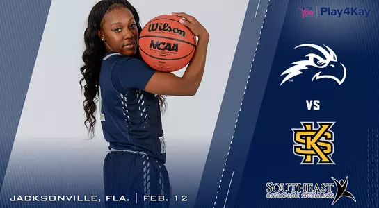 Preview graphic for the women's basketball game against kennesaw State with team logos, sponsor logos and a Play4Kay logo.