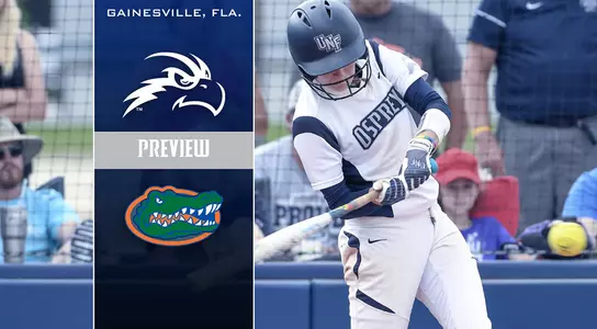 Preview graphic for the UNF at No. 5 Florida softball game. Features an action shot and a blue banner with logos and text.
