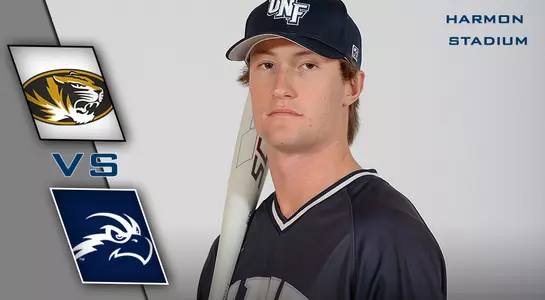 Preview graphic for the baseball vs. Missouri series featuring Tanner Murphy standing with a baseball bat.