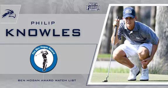Graphic announcing Philip Knowles' selection to the Ben Hogan Award Watch List featuring a small photo of Knowles lining up a putt along with the Ben Hogan Award logo