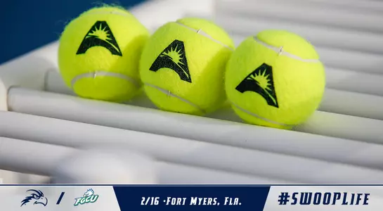 Preview graphic of three ASUN tennis balls on a rack above a lower third of text and graphics.