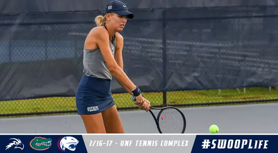 Women's tennis preview graphic featuring Kinga Gartner hitting a return over a lower third of South Alabama and Florida.