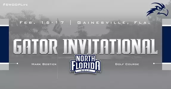 Men's Golf preview graphic for Gator Invitational with background image of Mark Bostick Golf Course