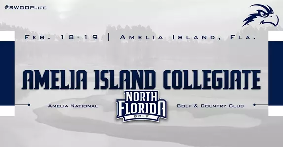 Women's Golf preview graphic for Amelia Island Collegiate featuring image of Amelia National Golf & Country Club in background