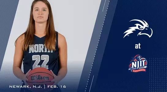 Preview graphic for NJIT women's basketball game with Lauren Gross, Osprey head logo and NJIT logo.